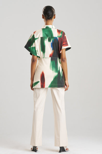 NATORI Buy Amalfi Printed Cotton Poplin Kimono Wrap Shirt in Neutral Green Online